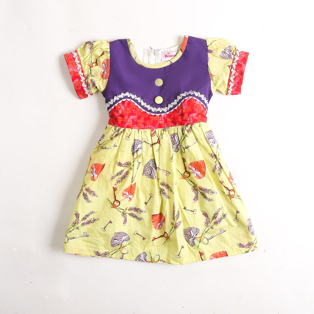 Girls Printed Cotton Frock - Lemon (CM01051)