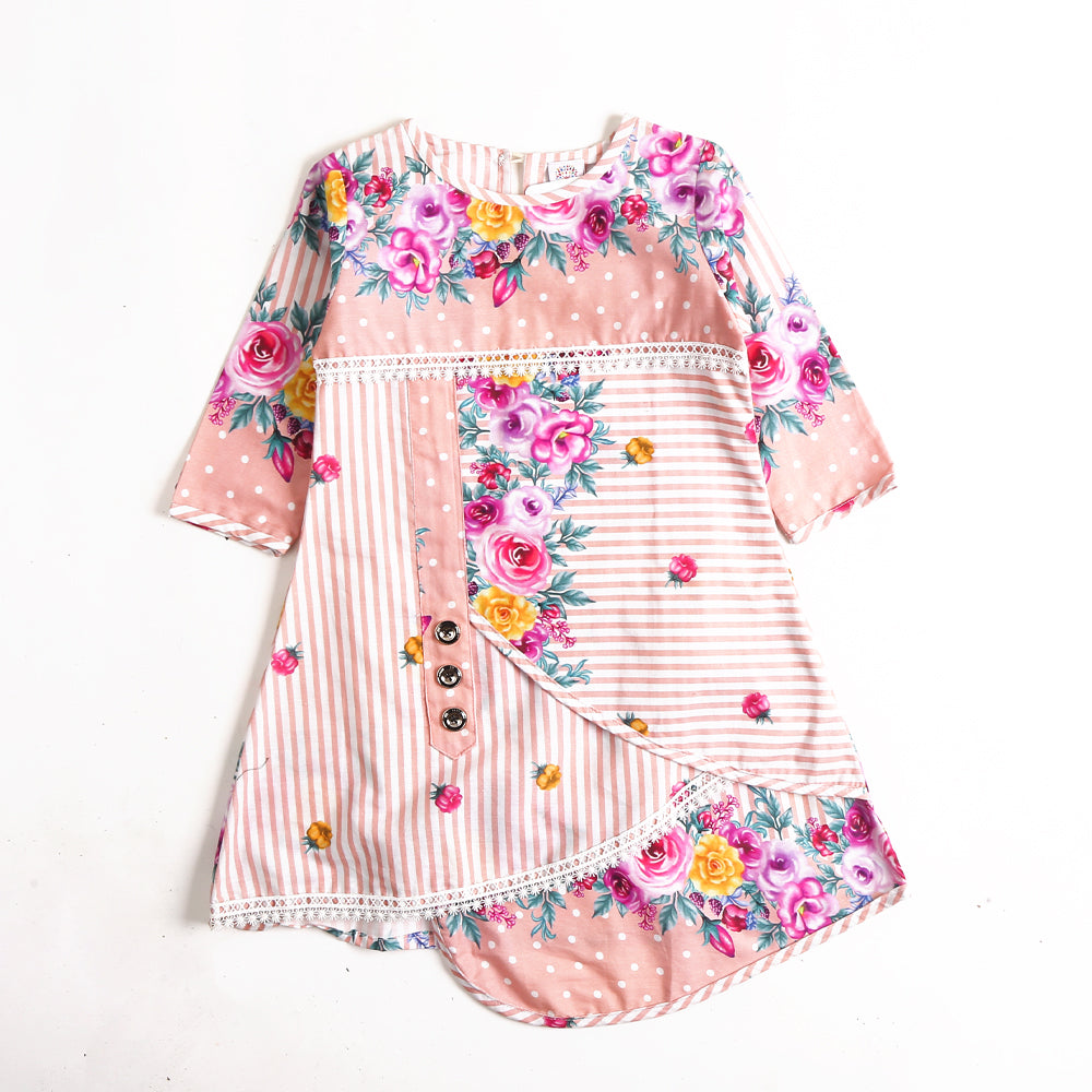 Girls Printed Fancy Kurti - Peach (CM01715)